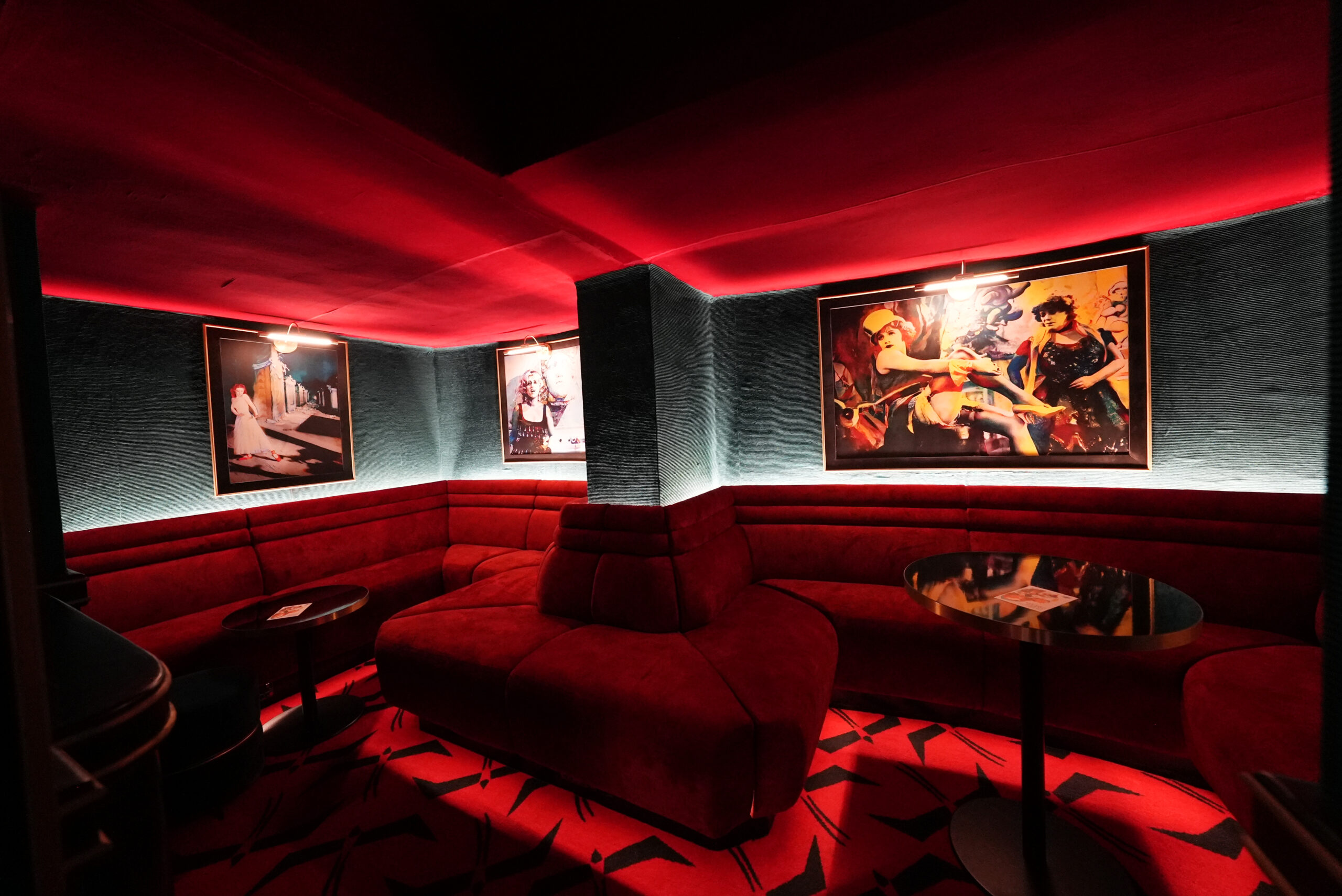 View of a seating alcove at The Garden Cinema bar, London.